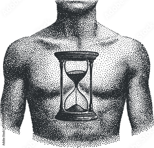 An artistic illustration of a human torso with an hourglass symbolizing the passage of time.