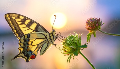 花にとまり蜜を吸うアゲハ蝶と太陽の光。AIで生成