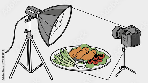 Food Photography Setup Studio Lighting DSLR Camera Delicious Meal Tripods Culinary Illustration Restaurant Menu Design Food Blogger Recipe Image Commercial Photography Food Styling Hig.