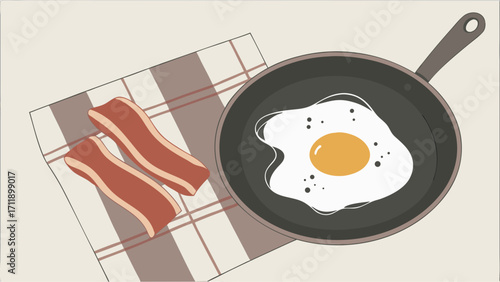 Fried Egg and Bacon Breakfast Food Illustration Top View Minimalist Style.