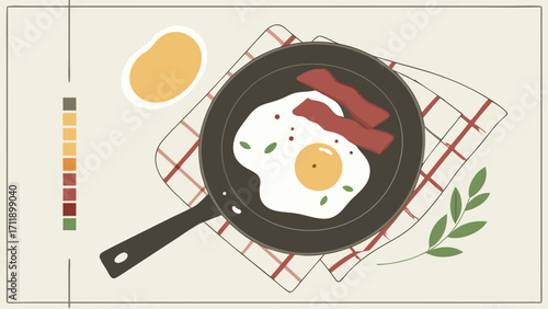 Fried Egg and Bacon Breakfast in Pan Minimalist Food Illustration Top View.