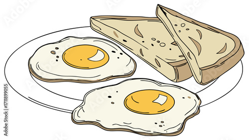 Fried Eggs and Toast on a Plate Simple Breakfast Illustration Cartoon Food Drawing.
