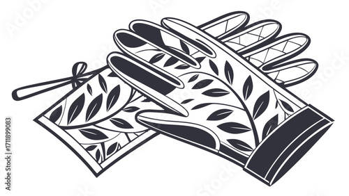 Gardening gloves with leaf pattern nature design eco friendly sustainable spring summer vector illustration black and white hand drawn gloves illustration gardening equipment botanical.
