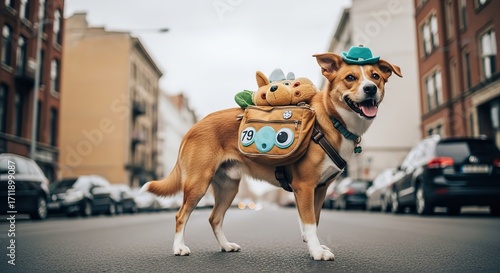 Playful puppy exploring the city streets with backpack and hat, ready for a fun adventure together
