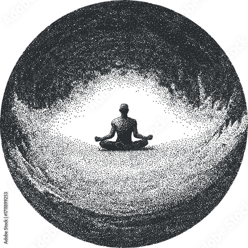 A serene silhouette meditating at the center of a cosmic circular pattern depicting tranquility and mindfulness.