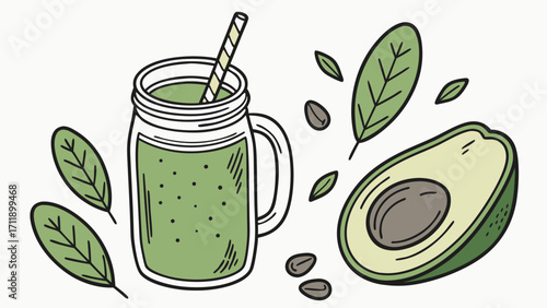 Green Smoothie in Mason Jar with Avocado and Leaves Illustration.