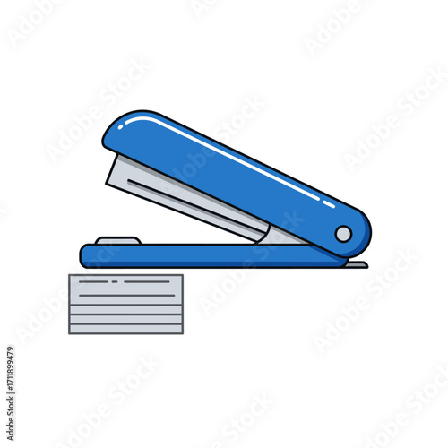 A vibrant blue stapler sits ready for use beside a neat stack of metallic staples, illustrating essential office stationery for document organization.