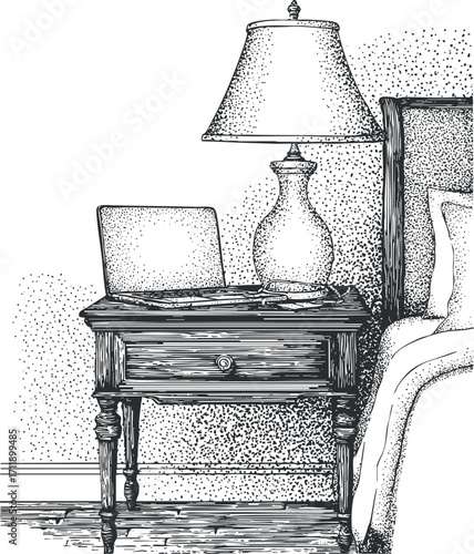 A detailed sketch of a bedside table with a lamp in a cozy bedroom setting.