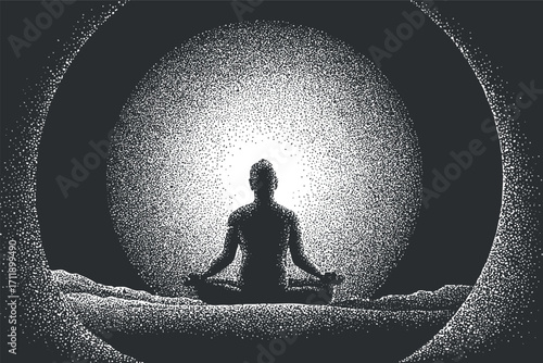 A serene silhouette meditating in front of a glowing circle symbolizing inner peace and tranquility.