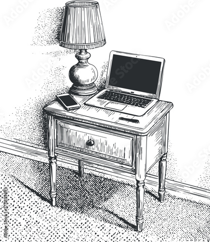 A detailed sketch of a bedside table with a lamp, laptop, and smartphone.