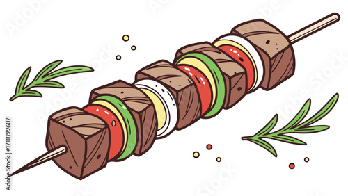 Grilled Meat Skewer with Vegetables and Herbs Food Illustration Barbecue Menu Design.