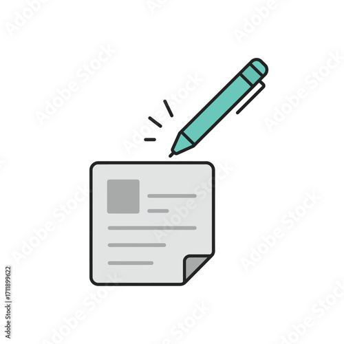 A minimalist vector illustration shows a teal pen writing on a document, symbolizing essential tasks like content creation, official paperwork, or academic assignments.
