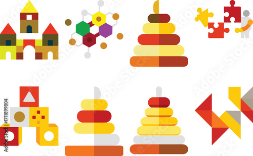 Colorful Assortment of Educational Toys and Puzzles Designed to Foster Creativity and Cognitive Development in Early Childhood Learning Environments