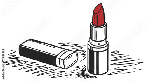 Hand-drawn illustration of lipstick makeup cosmetics beauty product red lipstick elegant design fashion style vector art graphic design tube case open closed beauty feminine cosme.