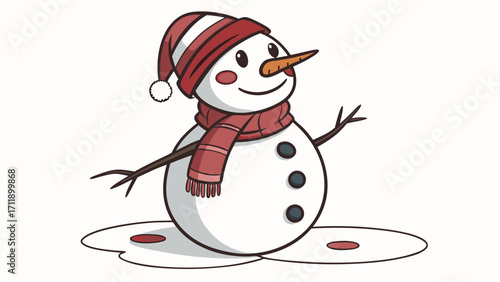 Happy Snowman in Winter Hat and Scarf Cartoon Illustration for Holiday Cards and Winter Designs.