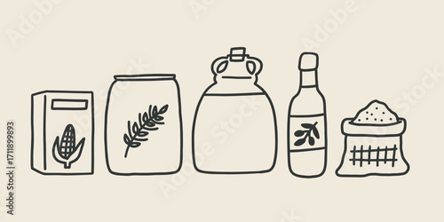 Bakery Flour Kitchen Food Set. Sketch Draw Tool Ingredient. Doodle Vector Illustration