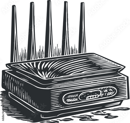 A vintage style illustration of a wireless router with antennas representing connectivity and technology.