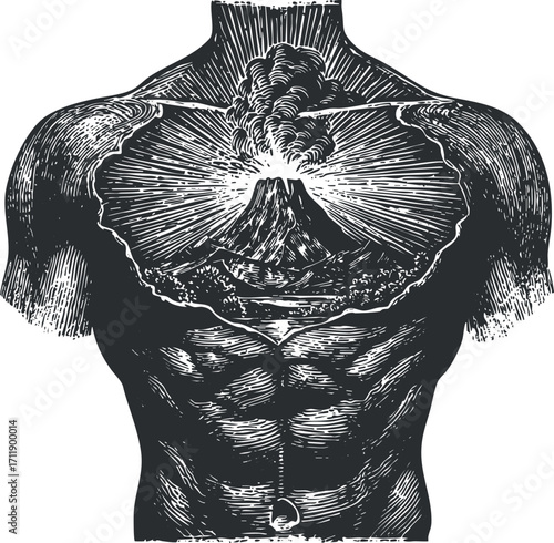A striking illustration of a muscular chest revealing a volcano eruption within.