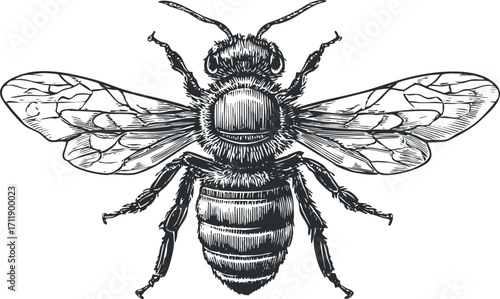 An intricate illustration of a bee showcasing its wings and body structure in detail