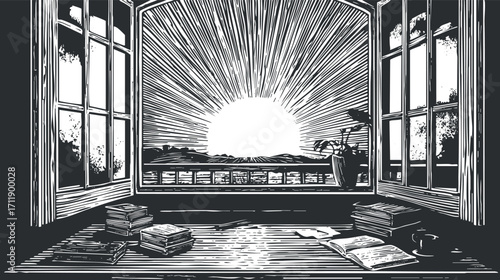 An artistic illustration of a sunrise viewed through a window with books and a cup.