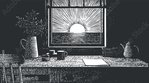 A serene black and white illustration of a sunrise viewed from a cozy kitchen window.