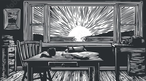 A cozy interior scene showcasing a sunset view through a window with a table and books.