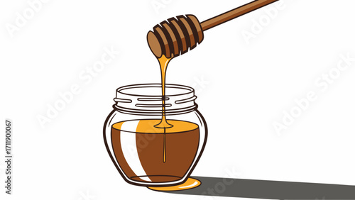 Honey dripping from wooden honey dipper into glass jar sweet food healthy product natural ingredient golden honey texture breakfast illustration kitchen still life food photography honey.