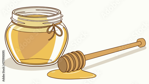 Honey Jar with Dipper Sweet Golden Honey Food Illustration Healthy Sweet Treat Delicious Honeycomb Natural Honey Product Graphic Design Element.