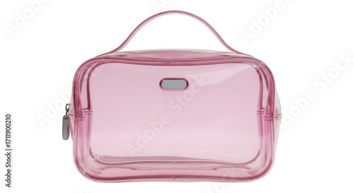 Transparent pink cosmetic bag with handle and zipper stylish travel organizer isolated on transparent background