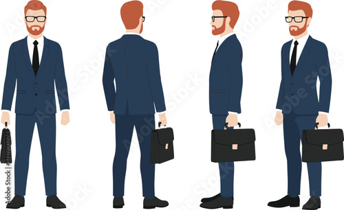 Businessman Character in Blue Suit Holding Briefcase Shown from Four Angles for Corporate Presentation, Fashion Design, and Professional Reference