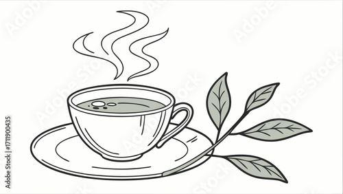 Hot Tea Cup Illustration Steam Leaves Beverage Drink Menu Design Herbal Tea Cafe Restaurant Cozy Warm Relaxation Clipart Graphics Vector Illustration Botanical Nature Food and Dr.