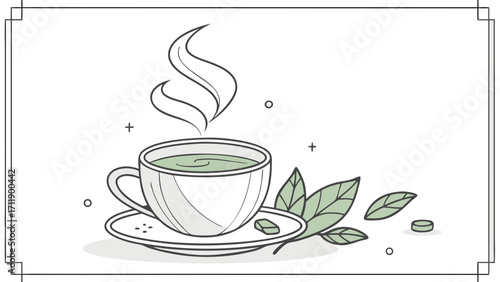 Hot Tea Cup Illustration Herbal Beverage Green Tea Steam Leaves Wellness Minimalist Design Relaxation Healthy Drink Organic Tea Tea Time Caffeine Warm Drink Cups and Saucers Line Ar.