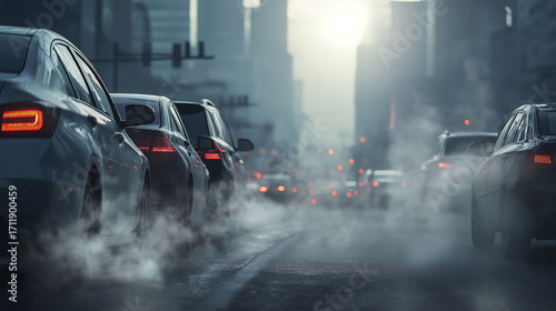 Congested city street filled with cars emitting exhaust fumes, illustrating air pollution issue