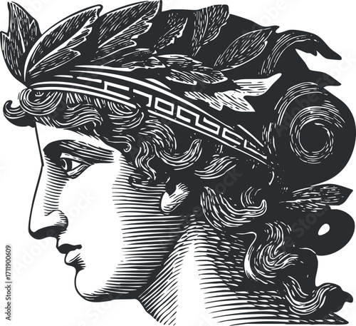 A detailed profile illustration of a classical Greek figure adorned with a laurel wreath.