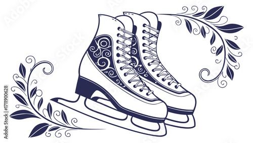 Ice Skates with Floral Design Winter Sports Figure Skating Illustration Vector Graphic Vintage Style Holiday Season.