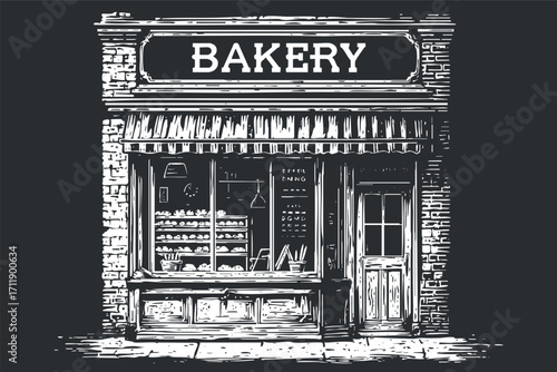 A vintage bakery storefront illustration featuring a variety of baked goods and a welcoming sign.