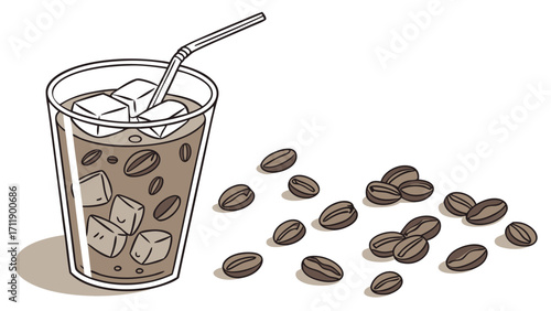 Iced Coffee Drink with Coffee Beans Summer Beverage Illustration Cool Coffee Graphic Design.