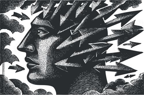 A thought-provoking illustration depicting a man's head with arrows emerging from clouds.