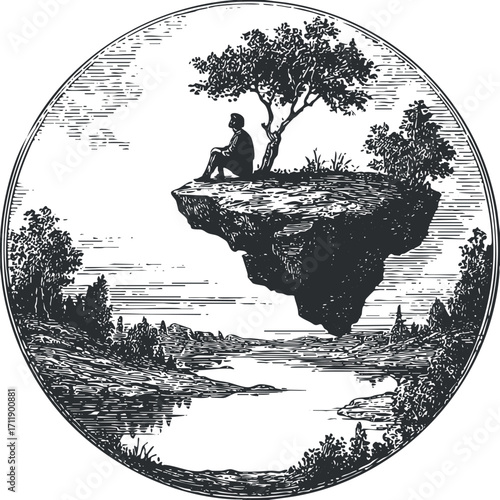 A serene illustration of a man sitting on a floating island with a tree overlooking water.
