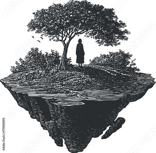 A silhouette of a person standing on a floating island with a tree depicting serenity and adventure.