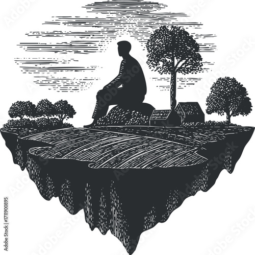 A silhouette of a man sitting on a floating island surrounded by trees and a serene landscape.