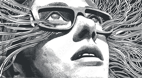 A surreal black and white illustration depicting a person with glasses and flowing lines representing thoughts.