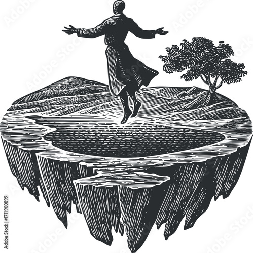 A surreal illustration of a figure floating above a rocky island with a solitary tree.