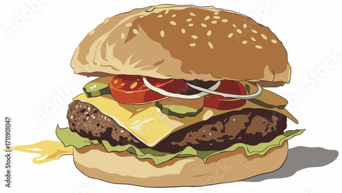 Juicy Cheeseburger with Sesame Seed Bun Fresh Vegetables and Melted Cheese - Delicious Fast Food Illustration.