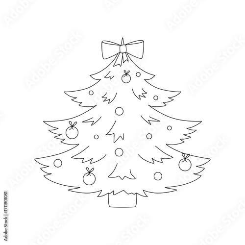 Cute winter kids coloring page with Christmas tree. Black and white cartoon vector illustration with simple shapes