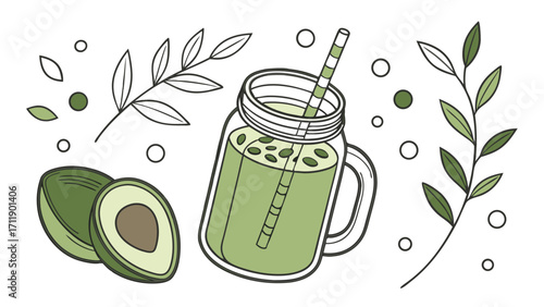 Mason Jar Smoothie with Avocado and Leaves Illustration Healthy Drink Green Beverage Vegan Food Natural Graphic Design.