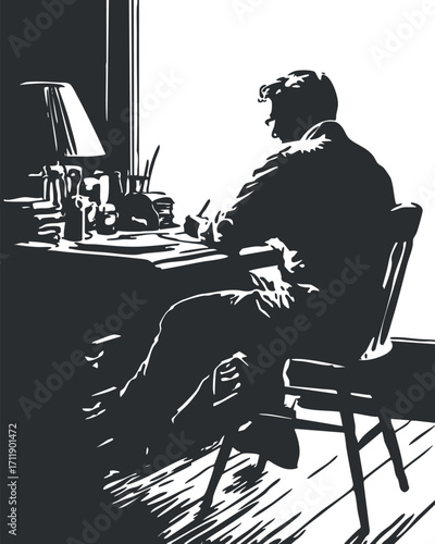 A silhouette of a man sitting at a desk, engaged in writing and deep thought.