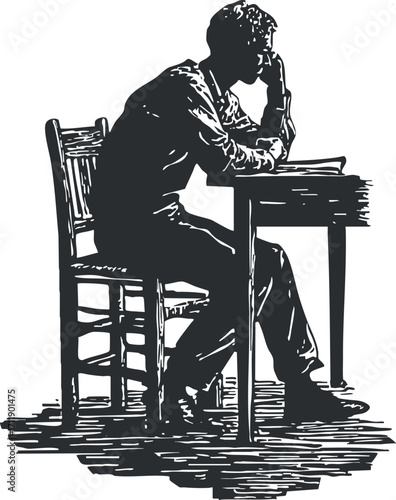 A thoughtful man sitting at a table in a contemplative pose, engaged in deep thinking.