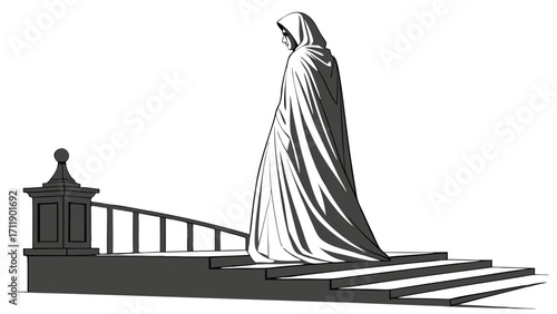 Mysterious Figure in Long Robe Ascending Steps Black and White Illustration Dramatic Gothic Medieval Fantasy Art.