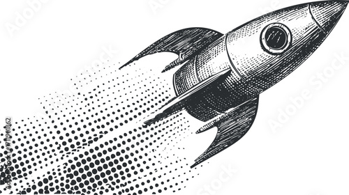 A vintage style illustration of a rocket launching into space with dotted motion effects.